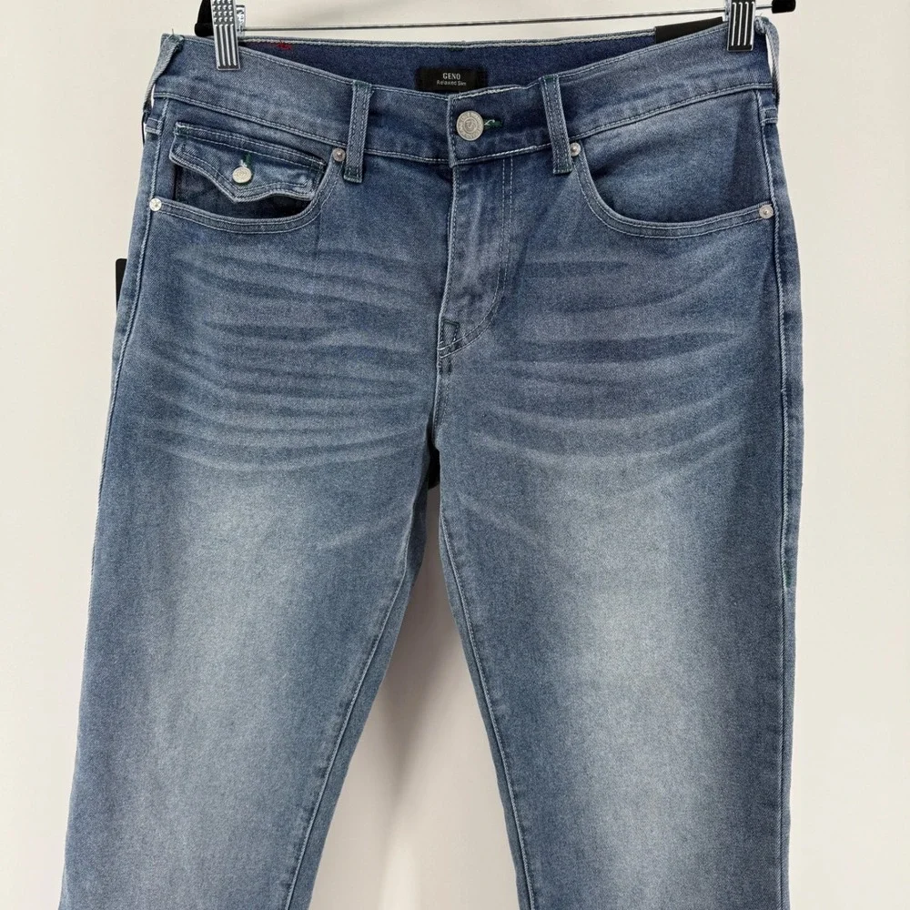 True Religion Geno SN Flap Slim Jeans 32 Light Icy Blue Pine Wash 700859‎ NEW